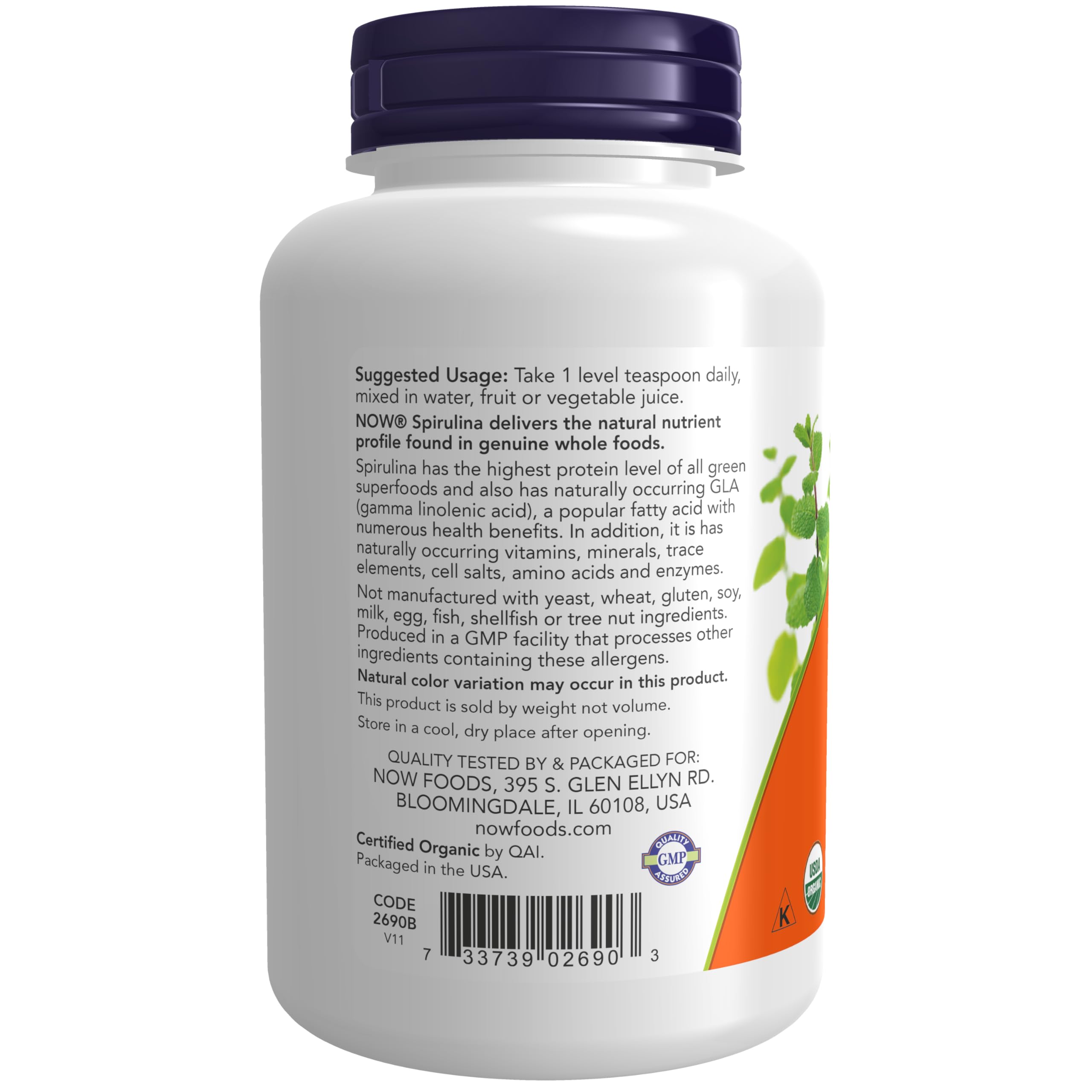NOW Foods spirulina añadida a un batido verde, mejora perfil nutricional