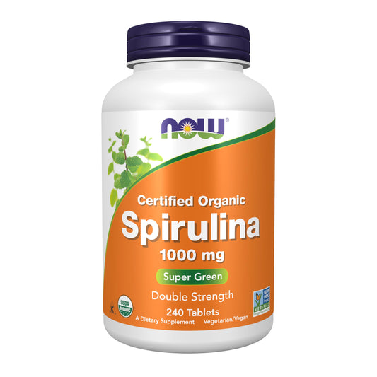 NOW Foods envase frontal de Spirulina 1000 mg mostrando presentación 240 tabletas y certificaciones