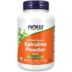 NOW Foods envase frontal de spirulina orgánica, aporta proteína vegetal