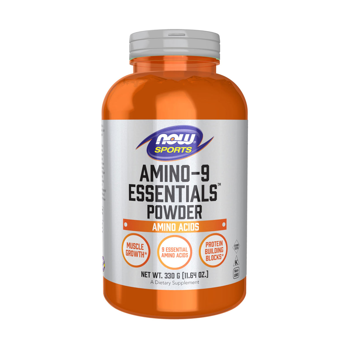NOW Sports envase frontal mostrando Amino-9 para recuperación rápida