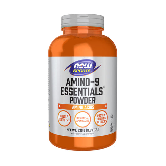 NOW Sports envase frontal mostrando Amino-9 para recuperación rápida