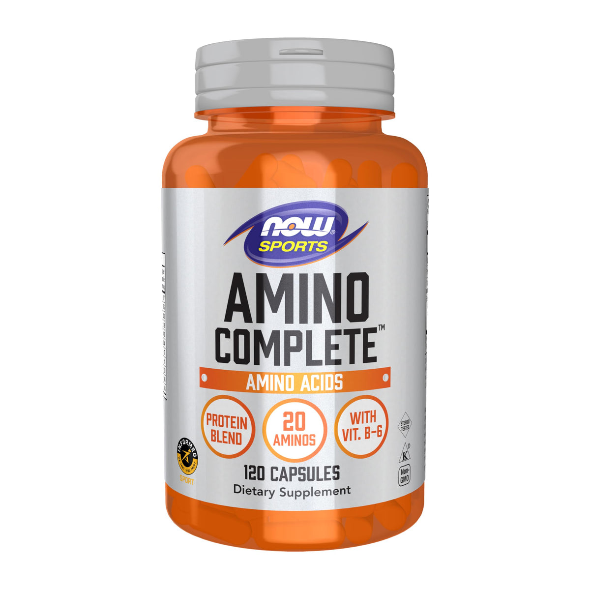 NOW Sports envase frontal de Amino Complete mostrando 120 cápsulas y beneficio de recuperación