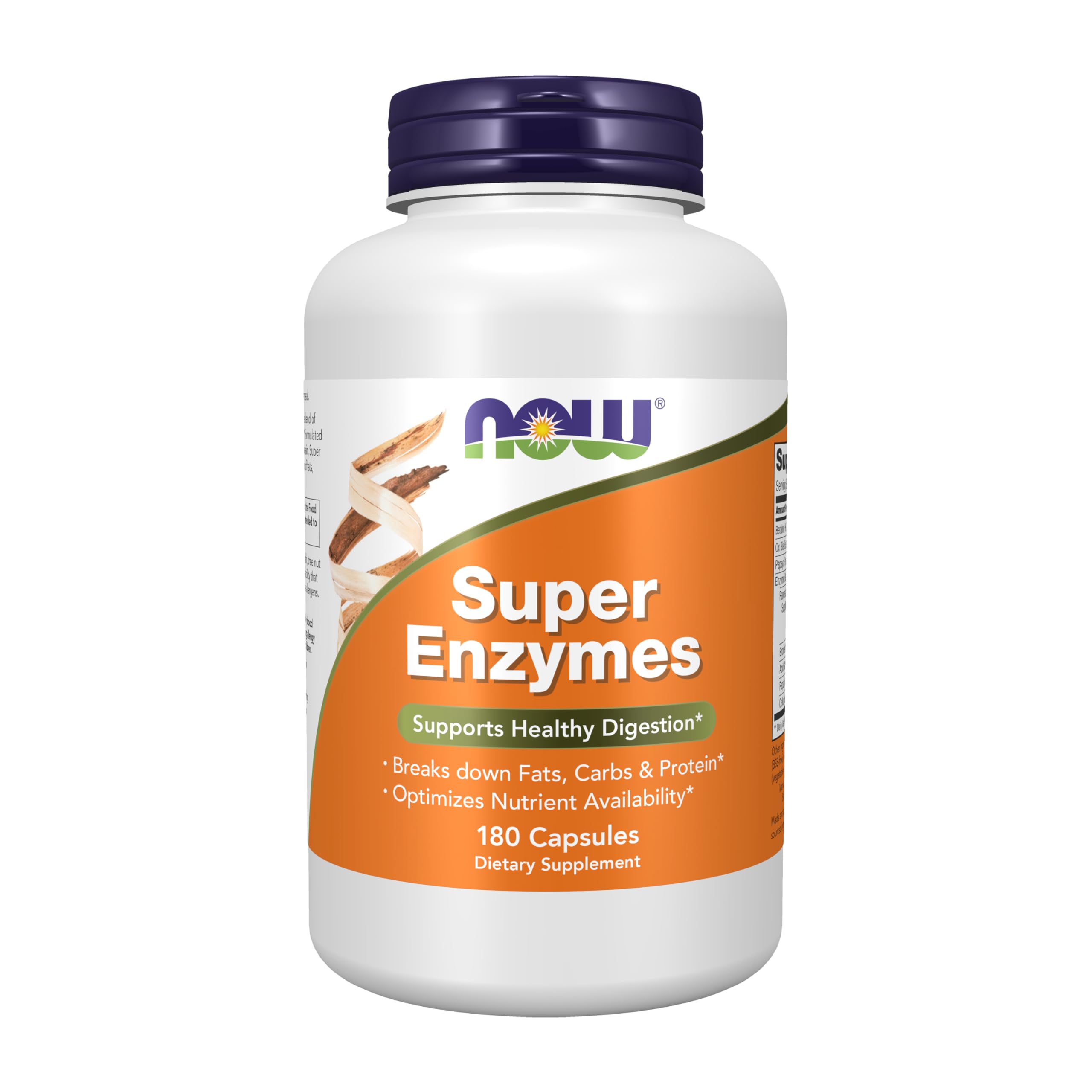 NOW Foods envase frontal que muestra la fórmula enzimática y dosis