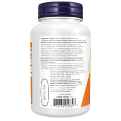 NOW Super Omega 3-6-9 botella abierta con cápsulas listas para uso