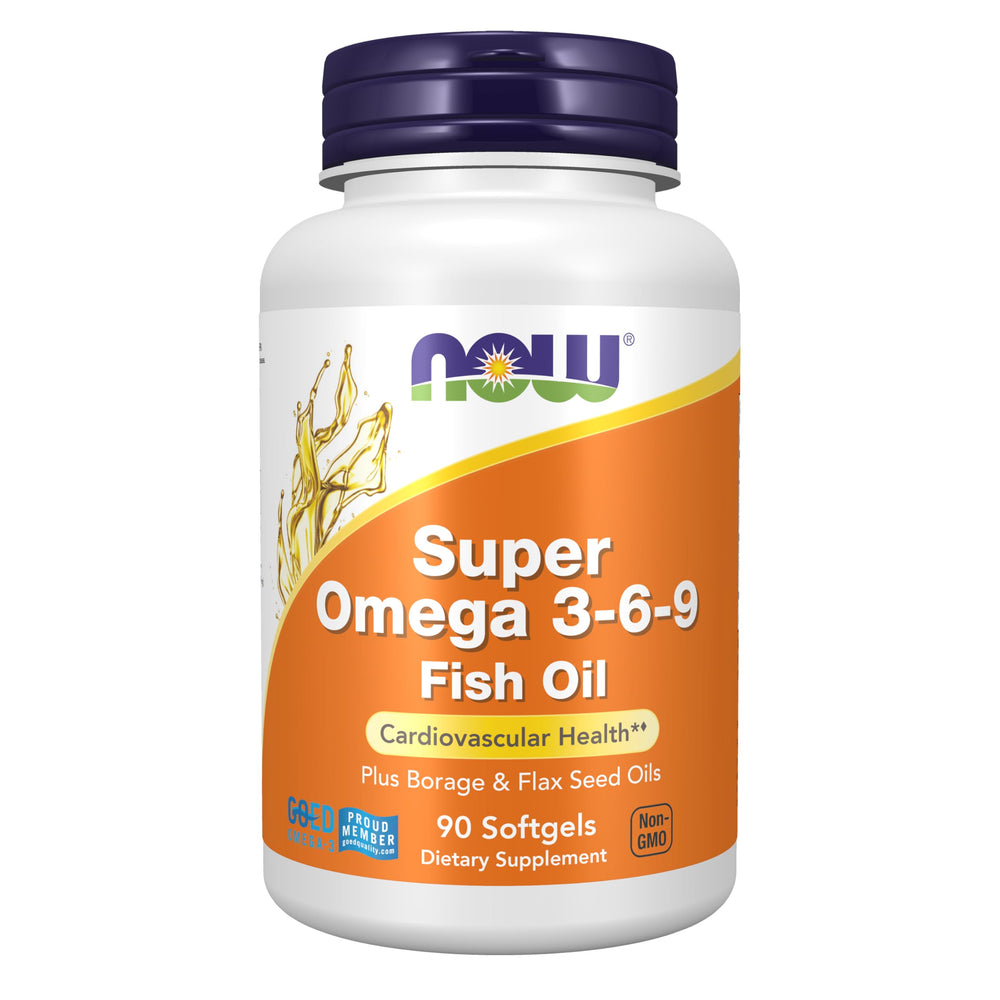 NOW Super Omega 3-6-9 vista frontal mostrando envase y beneficios