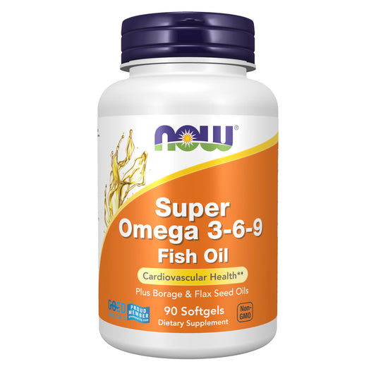 NOW Super Omega 3-6-9 vista frontal mostrando envase y beneficios