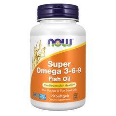 NOW Super Omega 3-6-9 vista frontal mostrando envase y beneficios
