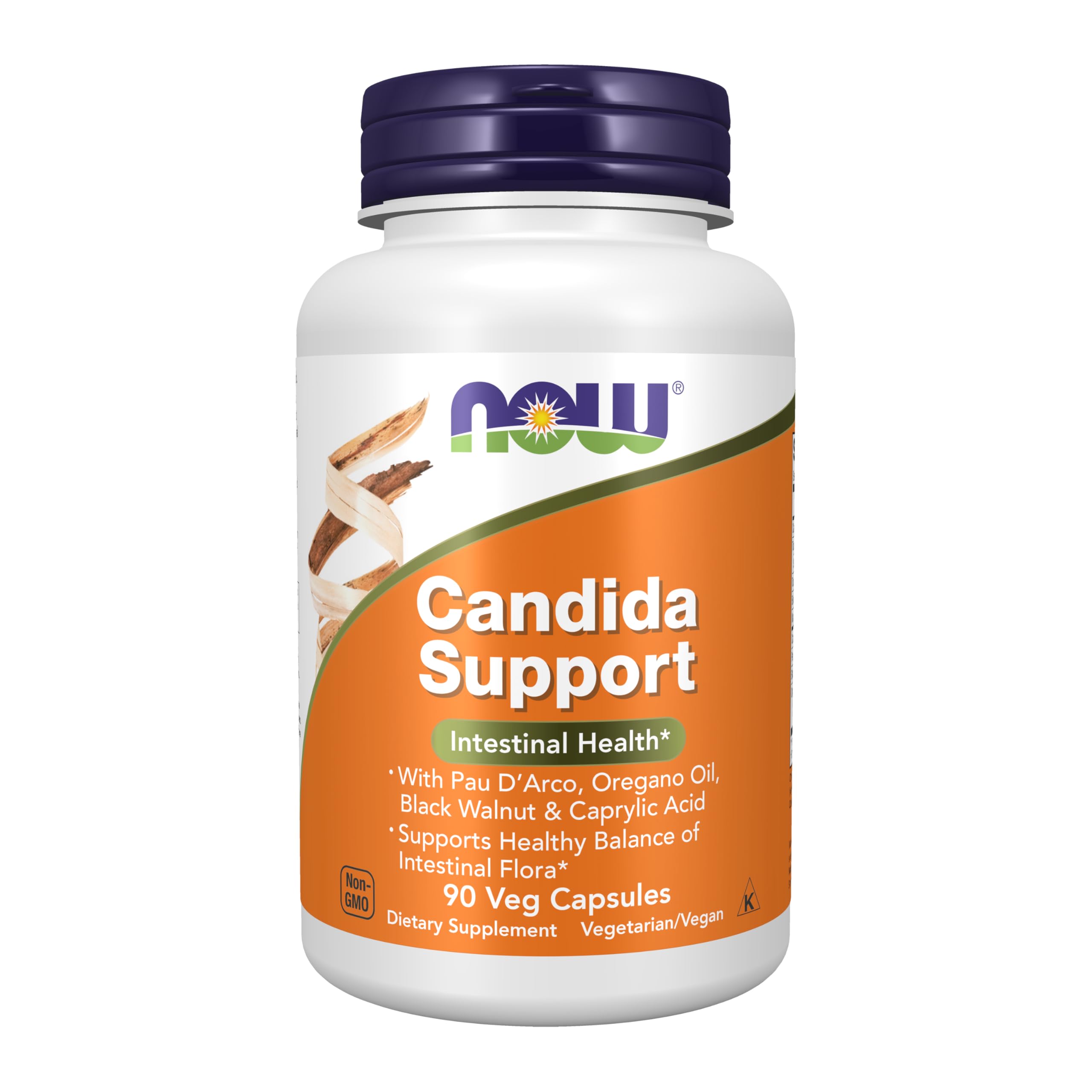 NOW Foods frasco frontal de Candida Support mostrando 90 cápsulas y beneficios de equilibrio