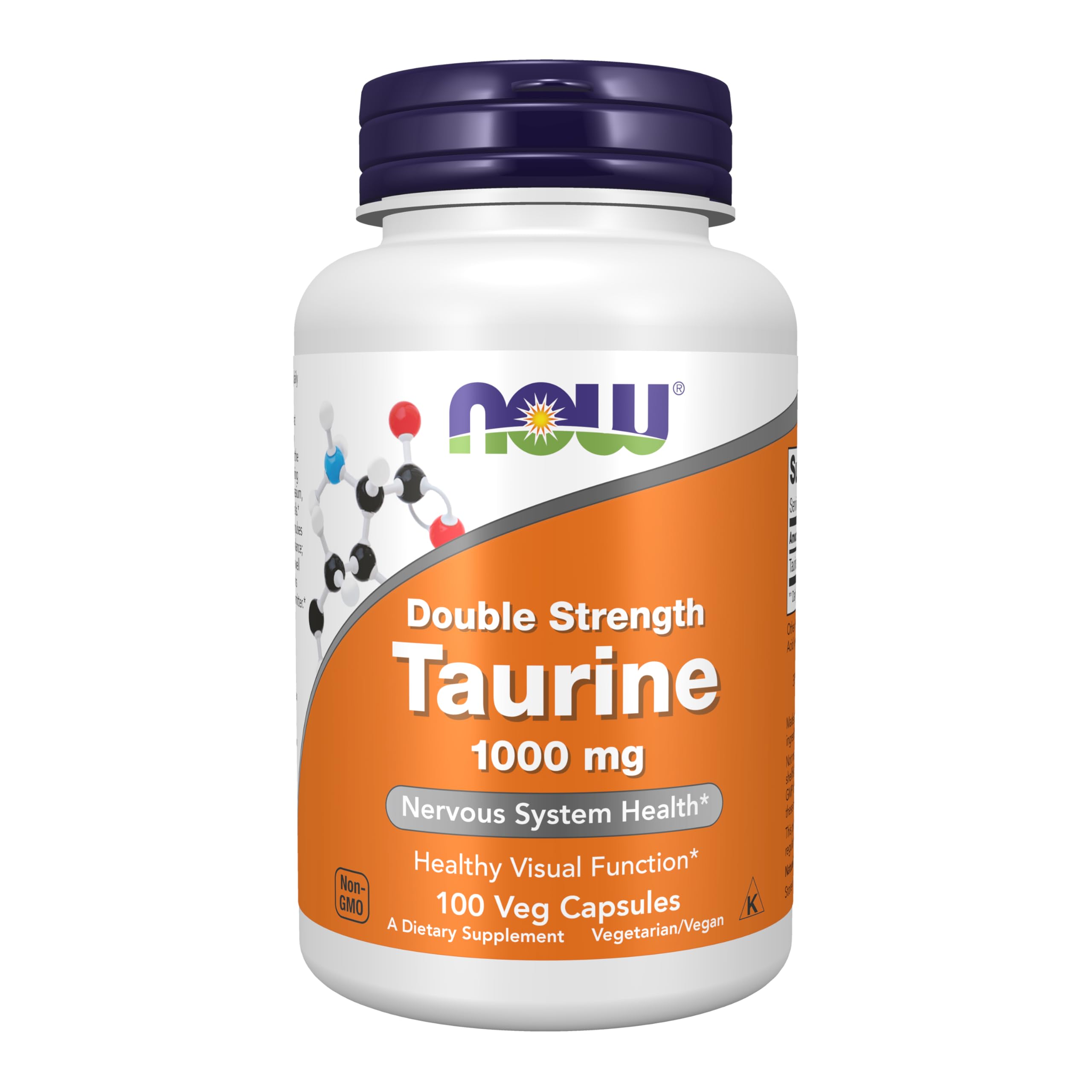NOW taurina frente del producto mostrando envase y diseño, confianza en calidad