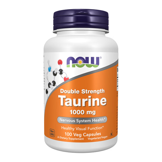 NOW taurina frente del producto mostrando envase y diseño, confianza en calidad