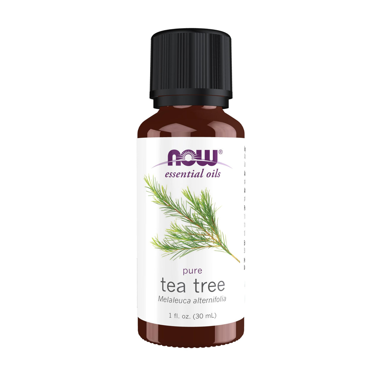 NOW Tea Tree frontal mostrando frasco y marca, transmite pureza