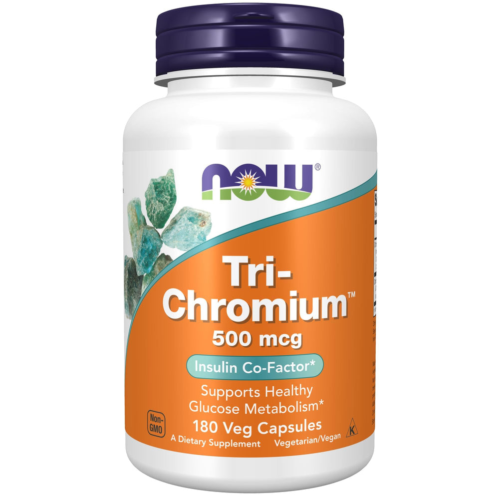 NOW Foods frasco frontal de Tri-Chromium 180 cápsulas para apoyo metabólico