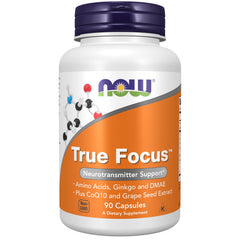 NOW Foods frasco True Focus frente mostrando diseño y cantidad