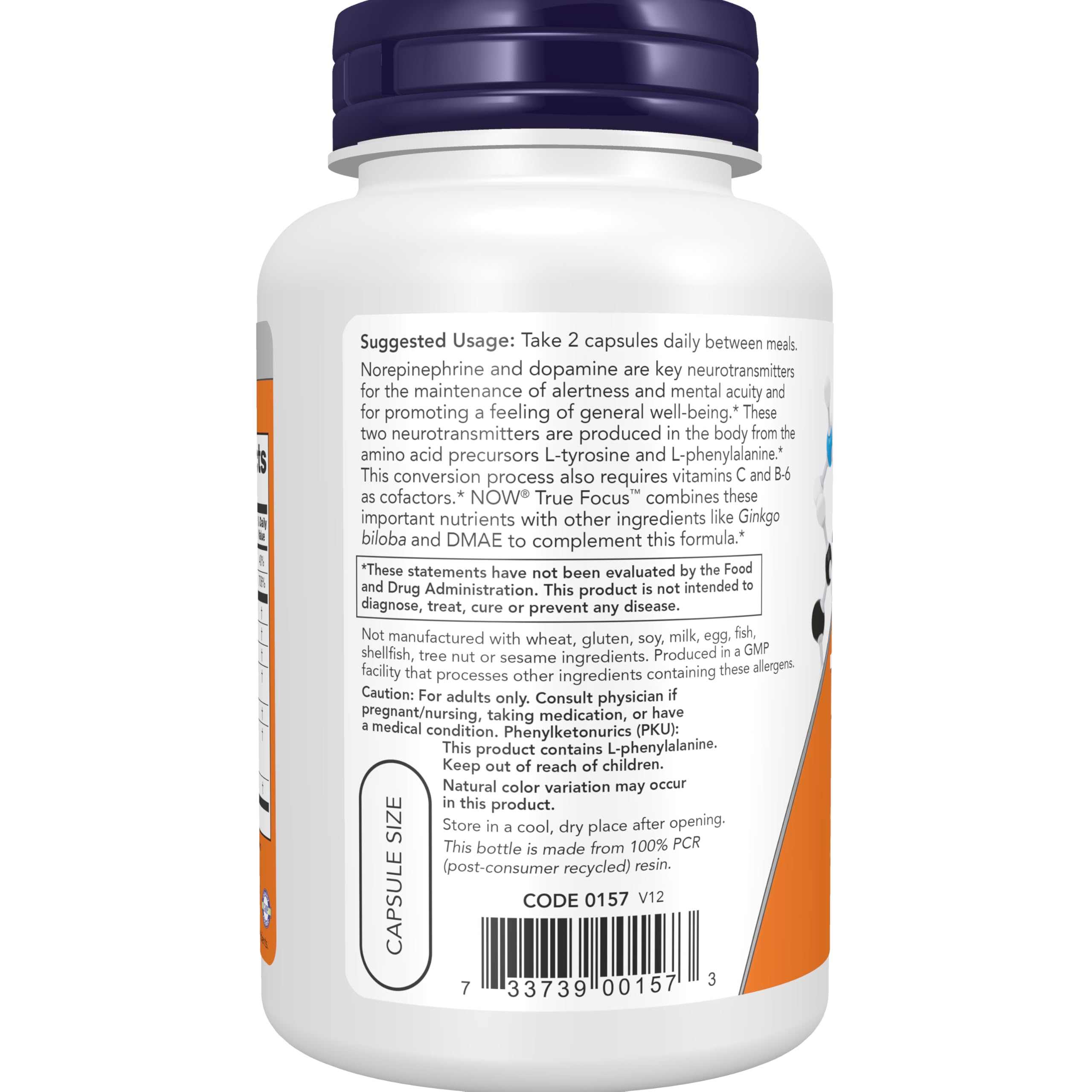 NOW Foods cápsula True Focus acercamiento mostrando textura vegetal