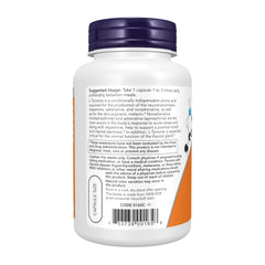 Detalle de etiqueta NOW L-Tyrosine con dosis y certificaciones visibles