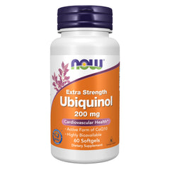NOW Ubiquinol frasco delante mostrando etiqueta clara y concentración 200 mg