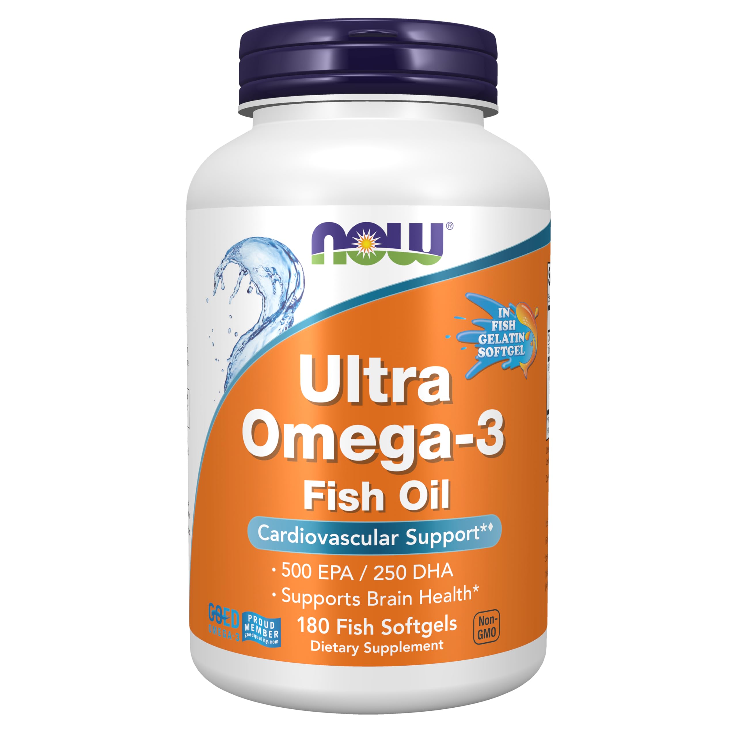 NOW Foods botella frontal de Ultra Omega-3 mostrando 180 cápsulas y beneficios