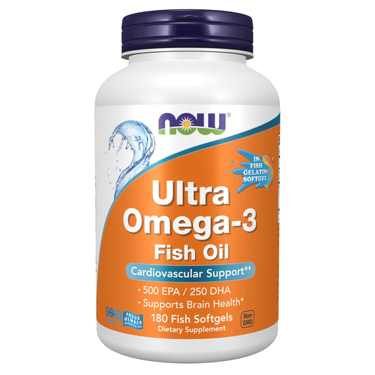 NOW Foods botella frontal de Ultra Omega-3 mostrando 180 cápsulas y beneficios