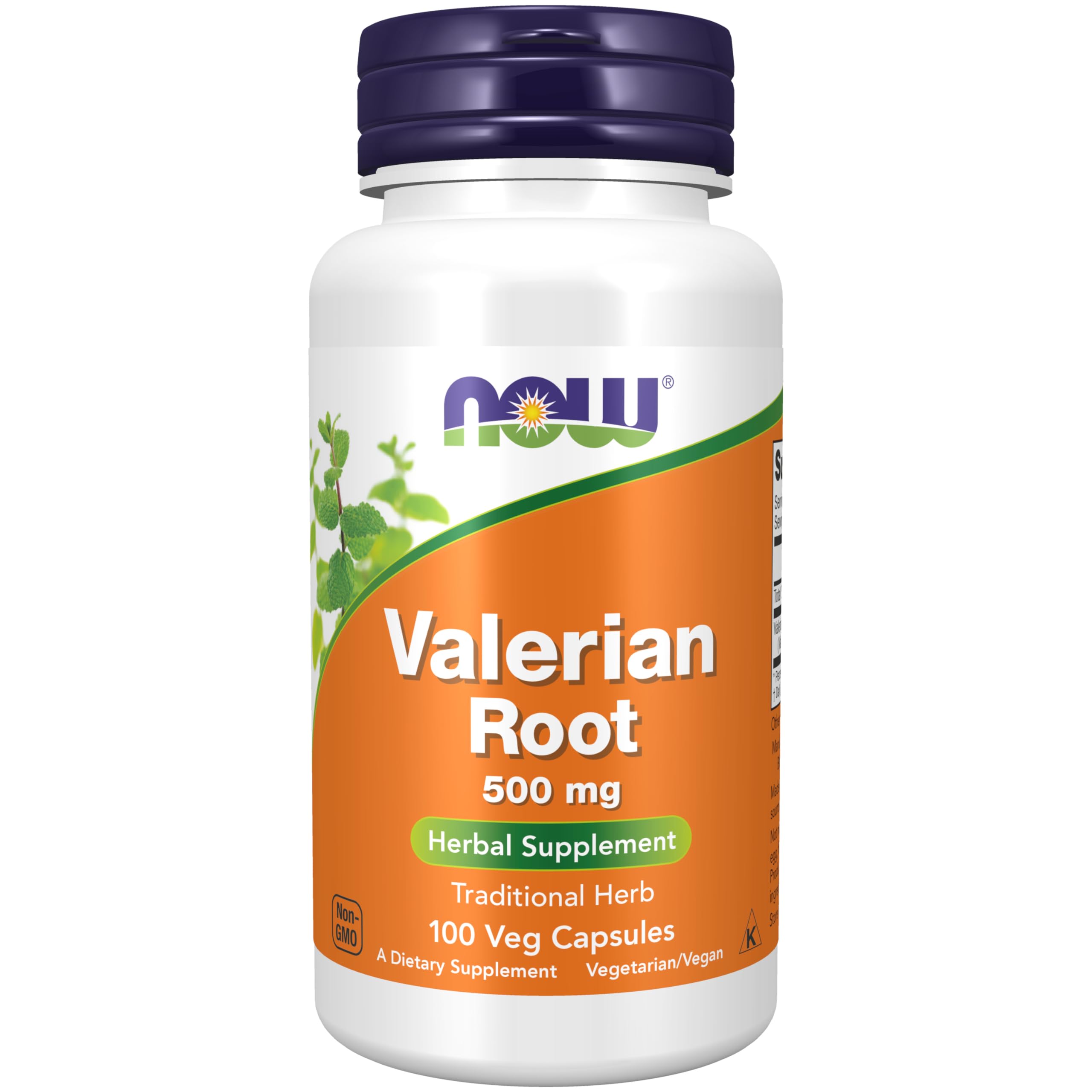 NOW Foods frasco frontal de Valerian Root 500 mg mostrando envase claro y cantidad