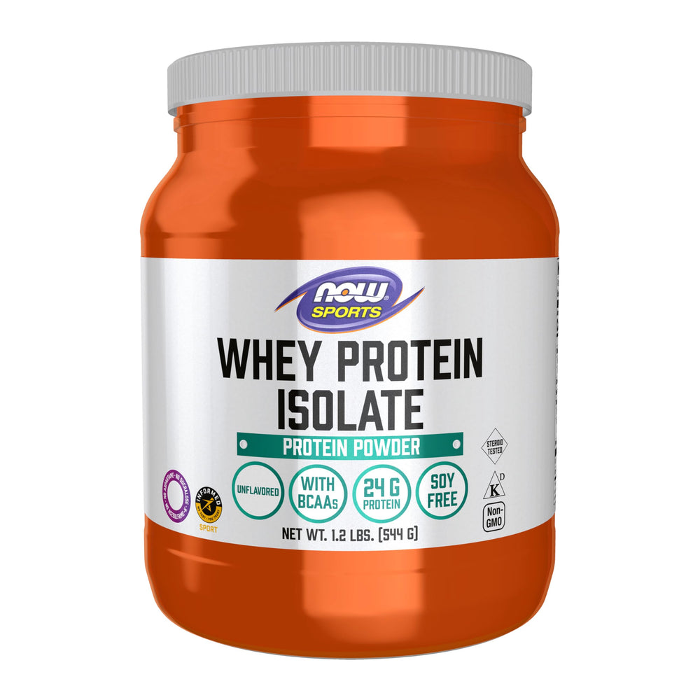 NOW Foods envase frontal de Whey Protein Isolate mostrando formato y marca
