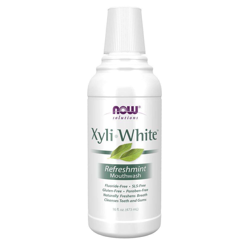 NOW Foods XyliWhite frente del envase mostrando etiqueta y capacidad 473 ml para elección clara