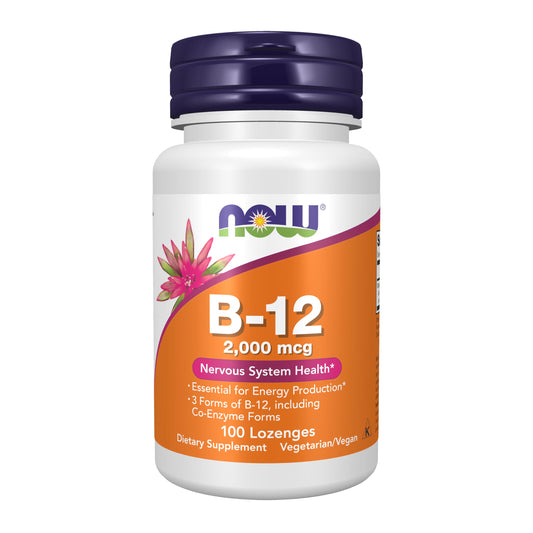 NOW Foods envase frontal mostrando 100 pastillas y beneficios de B-12