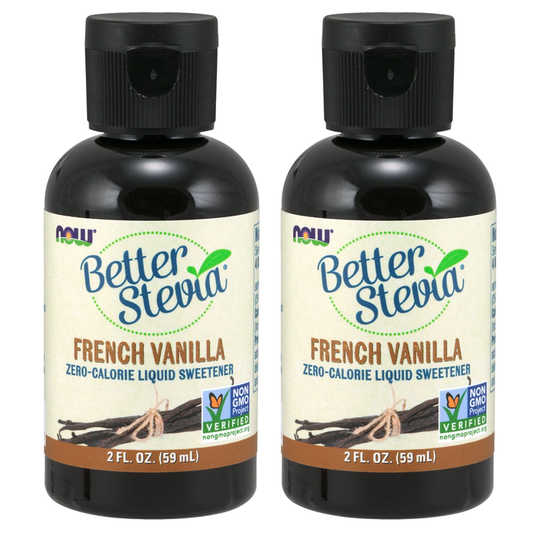 NOW Foods frascos BetterStevia sabor vainilla francesa vista frontal con beneficio de ahorro
