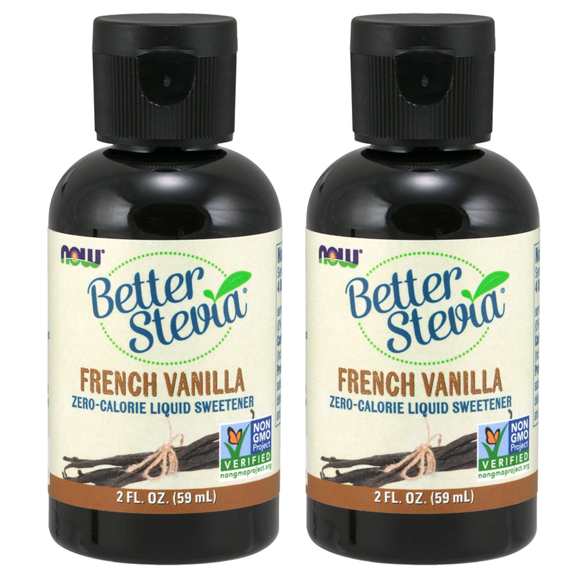 NOW Foods frascos BetterStevia sabor vainilla francesa vista frontal con beneficio de ahorro