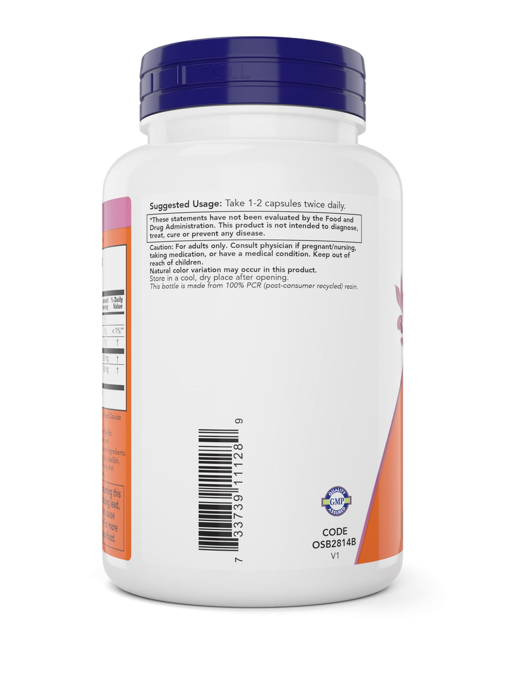 Cápsula vegetal NOW Foods en primer plano, diseño vegano y fácil de tragar