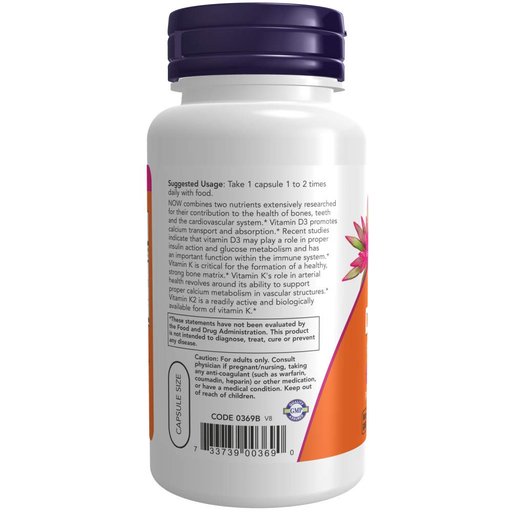 NOW Foods etiqueta frontal con dosis 1,000 IU y 45 mcg, lectura rápida
