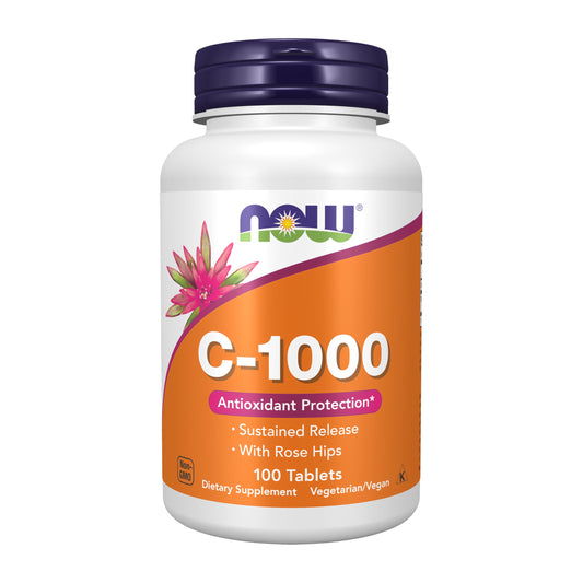 NOW Foods envase frontal de vitamina C-1000 mostrando el nombre y cantidad