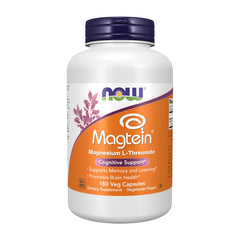 NOW Foods Magtein frasco frontal muestra la marca y cantidad, confianza en calidad