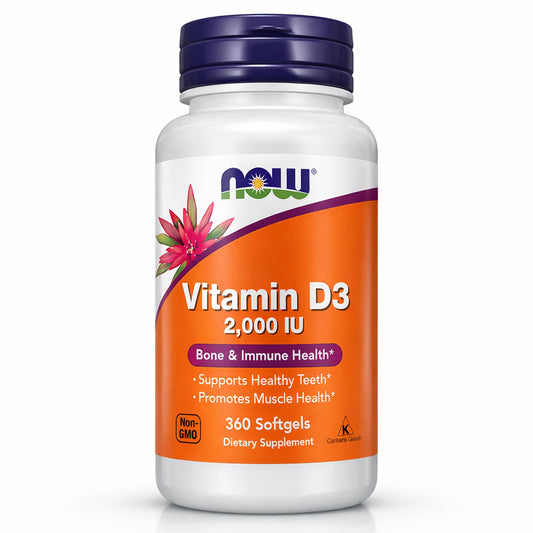NOW Foods frasco frontal mostrando 360 softgels y claridad de contenido