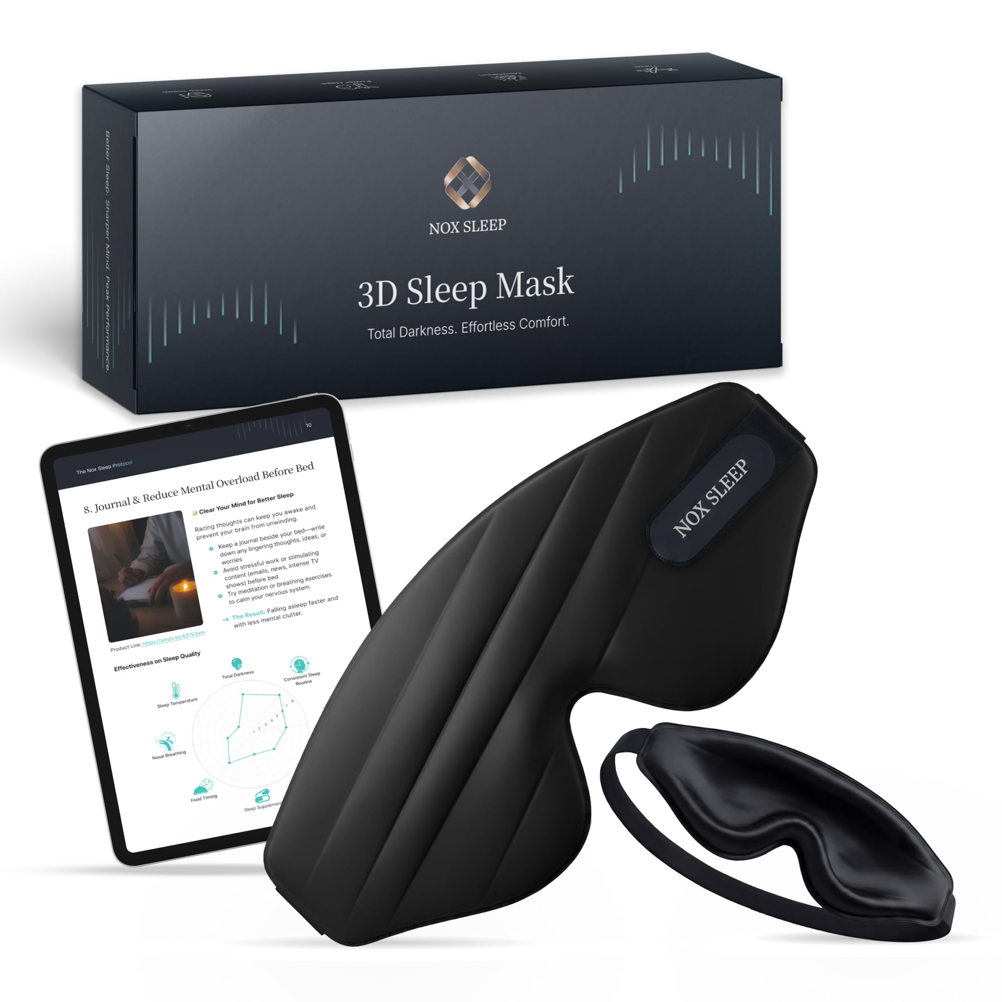 Nox Sleep frente del antifaz mostrando diseño 3D y beneficio de oscuridad total