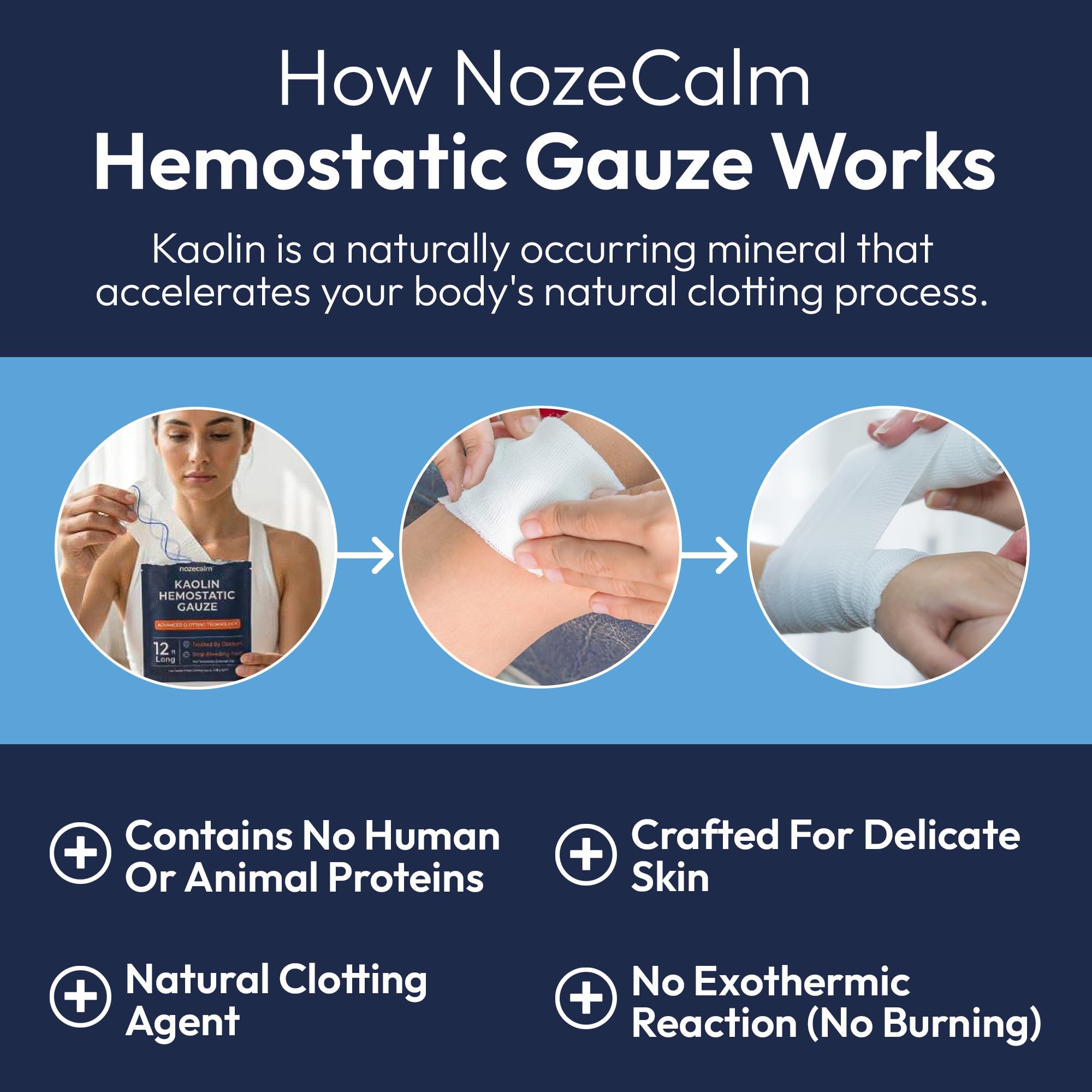 NozeCalm gasa Z-fold desplegada lista para empaquetar heridas profundas