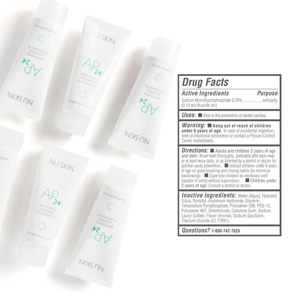 Nu Skin AP 24 etiqueta legible destacando flúor y fórmula suave