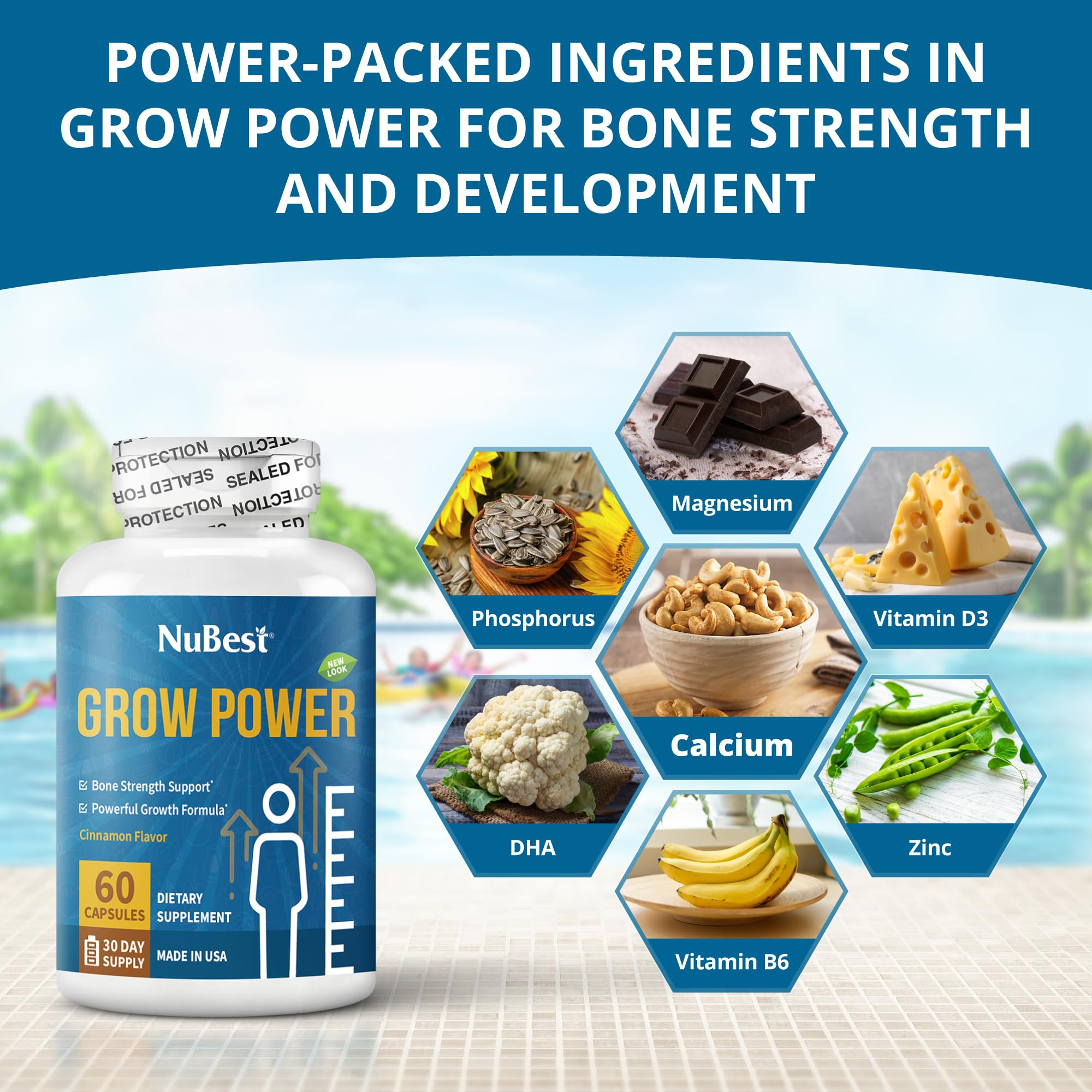 NuBest Grow Power cápsula detalle de textura que sugiere calidad