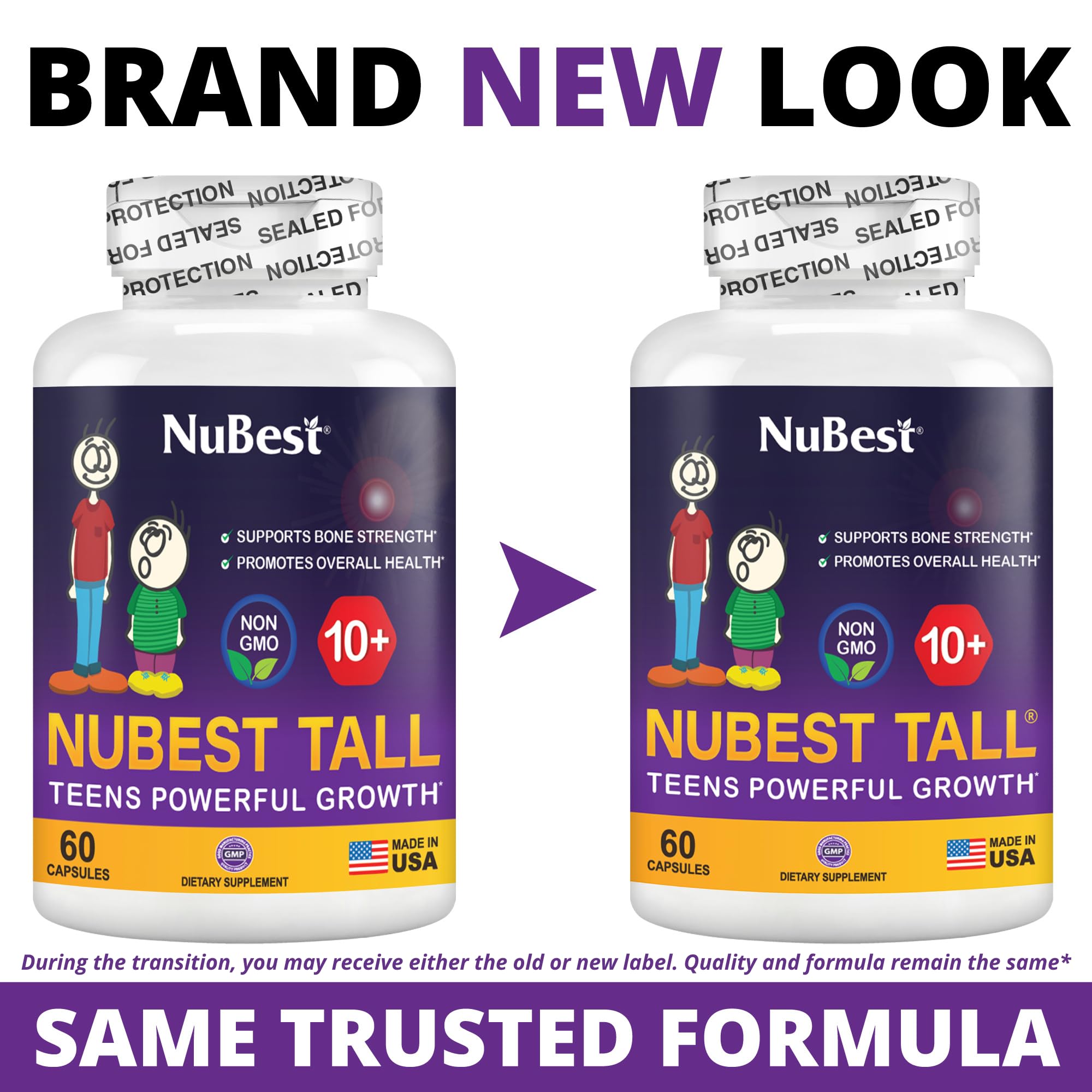 NuBest Tall 10+ frasco abierto con cápsulas mostrando cantidad por envase