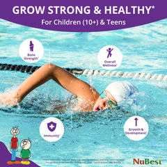 NuBest Tall 10+ ingredientes principales (calcio, D3, K2, colágeno) resaltados