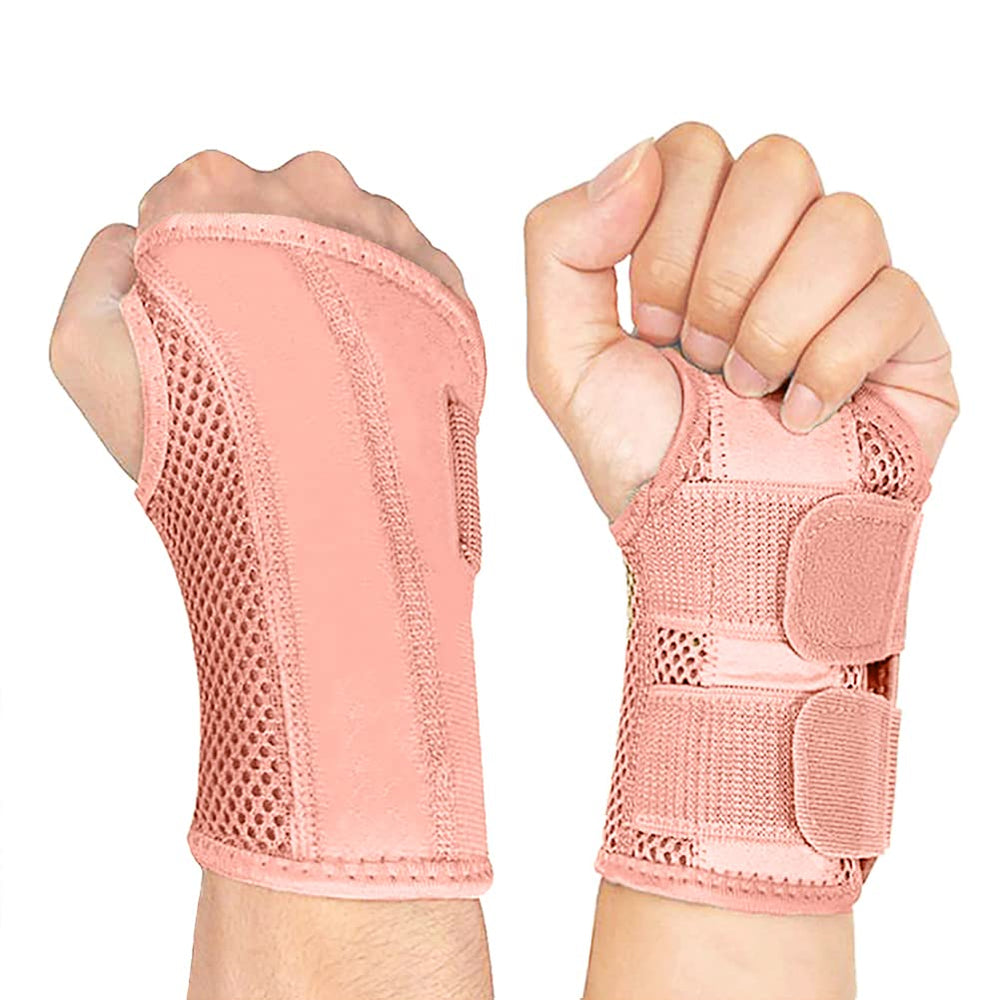 NuCamper vista frontal del empaque y muñequera rosa, apariencia profesional y protección