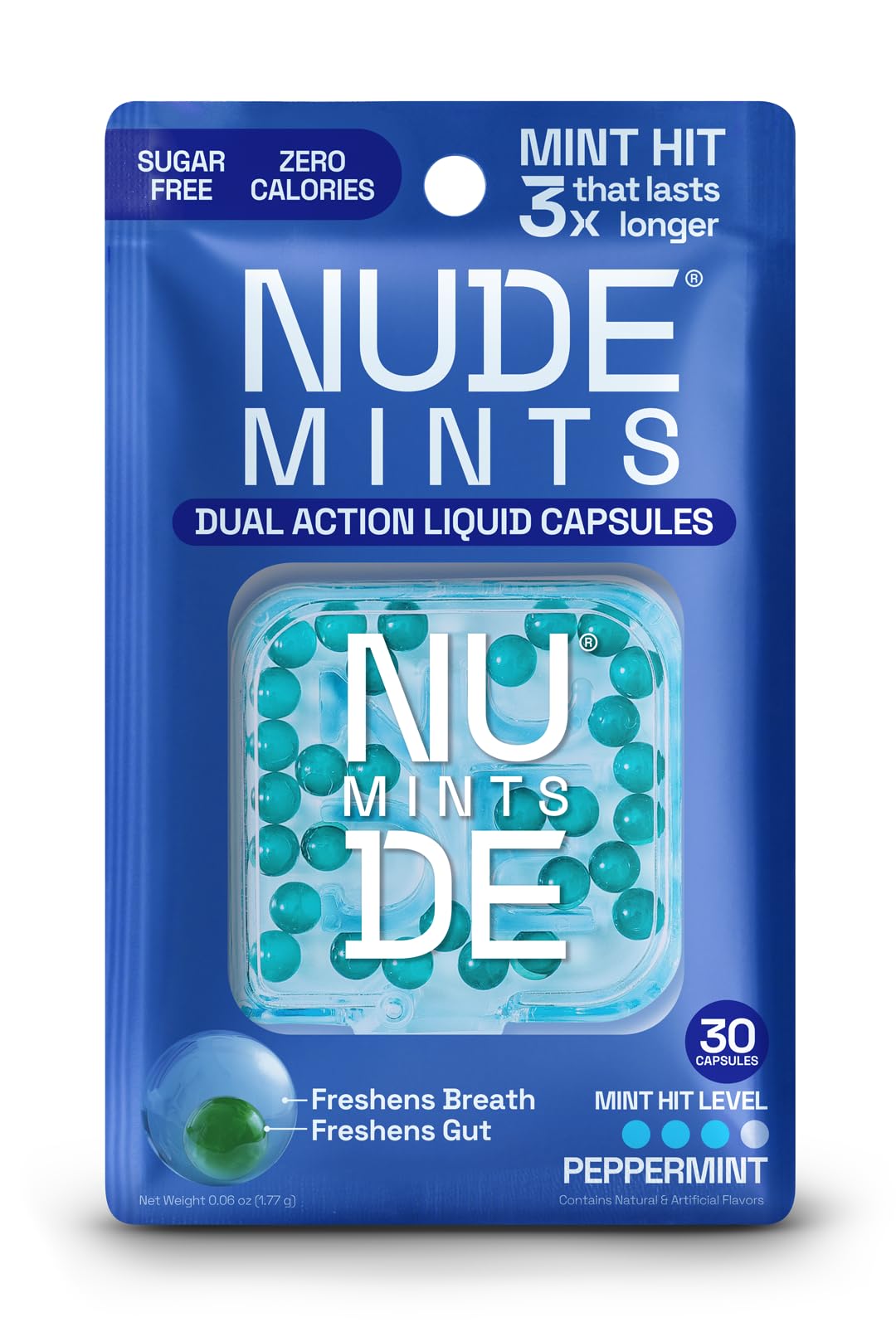 NUDE mints presentación frontal muestra envase moderno y beneficio portabilidad