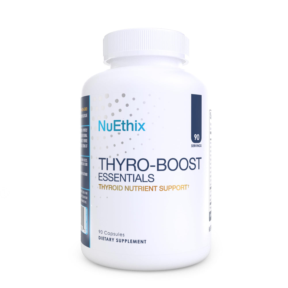 NuEthix Formulations frasco frontal mostrando Thyro-Boost Essentials y beneficio de apoyo tiroideo