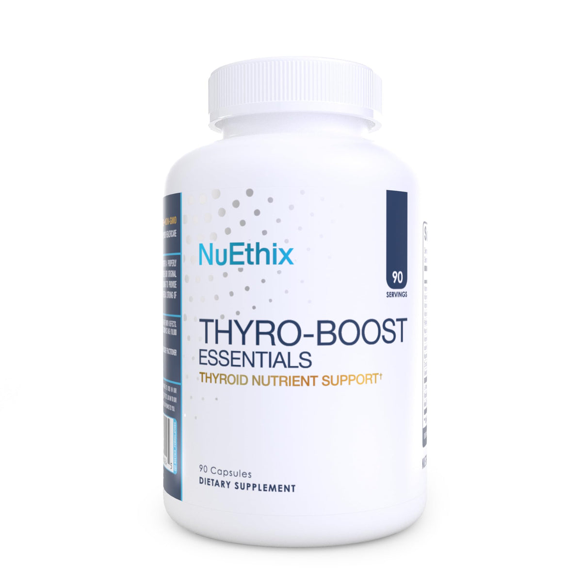 NuEthix Formulations frasco frontal mostrando Thyro-Boost Essentials y beneficio de apoyo tiroideo