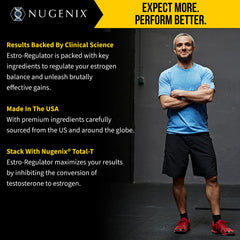 Nugenix Estro-Regulator envase en manos para escala y claridad de dosis recomendada