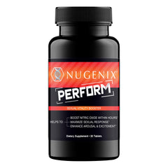 Nugenix Perform frasco delantero mostrando etiqueta clara y beneficios
