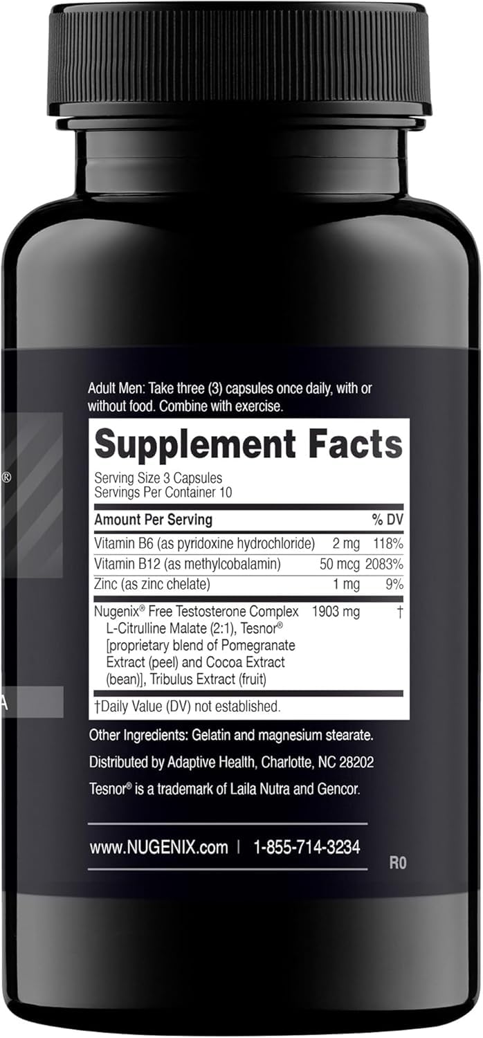 Nugenix T Booster junto a una regla para comparar tamaño del frasco y cápsulas, beneficio: fácil almacenamiento