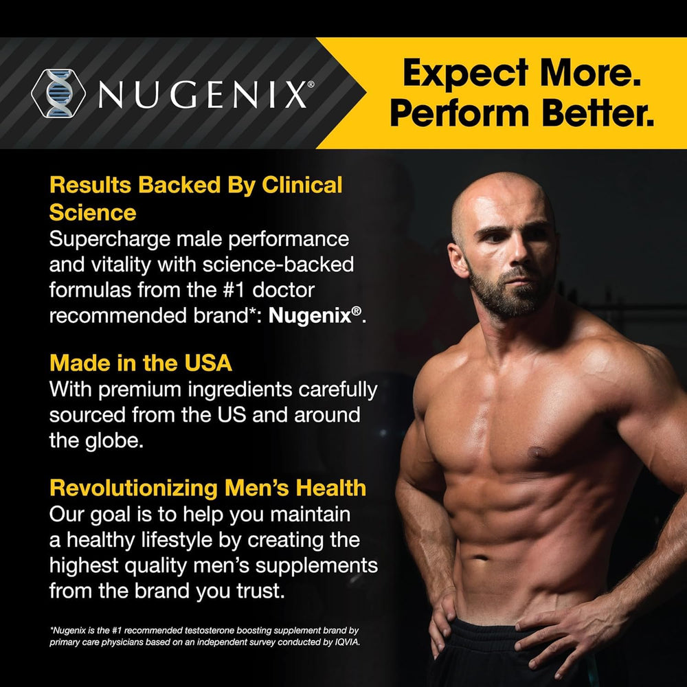 Nugenix T Booster al lado de equipo de gimnasio en uso, beneficio: apoyo al rendimiento durante entrenos