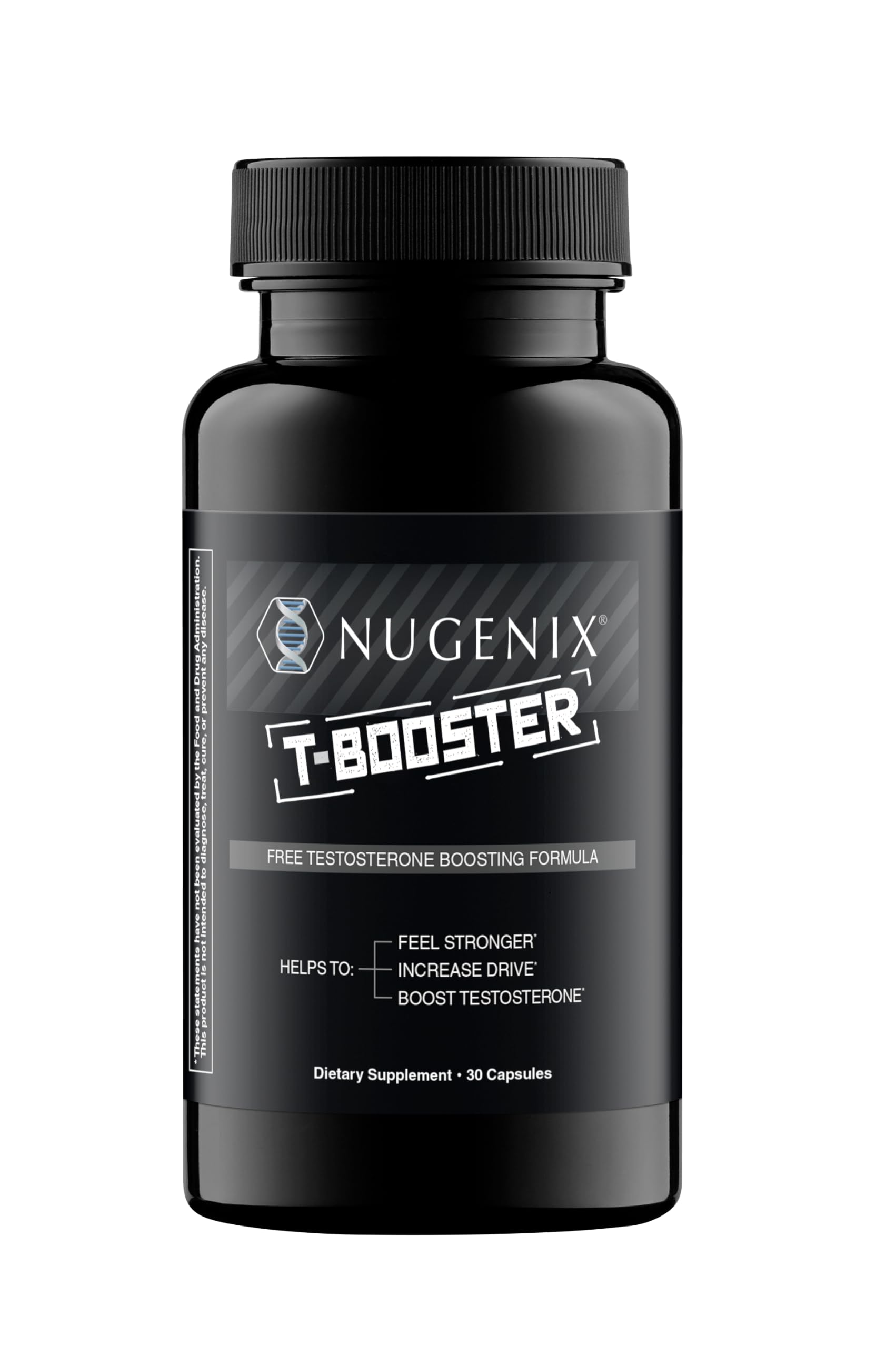 Nugenix T Booster frontal del envase mostrando etiqueta y recubrimiento, beneficio: claridad sobre ingredientes