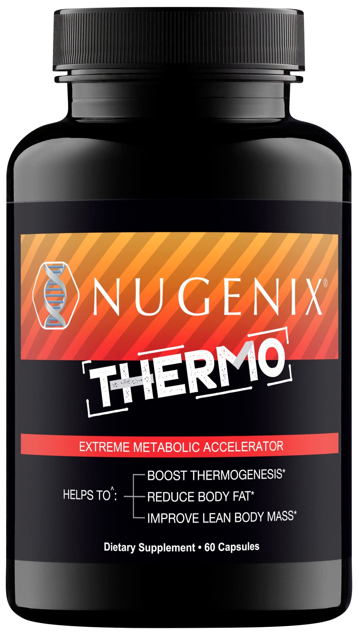 Nugenix Thermo vista frontal del frasco muestra etiqueta y beneficios energéticos