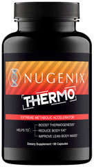 Nugenix Thermo vista frontal del frasco muestra etiqueta y beneficios energéticos